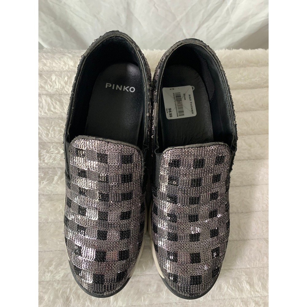 Pinko Silver Black Sequin Checkered Slip On Sneakers EU 40 US 9.5 Italy #870